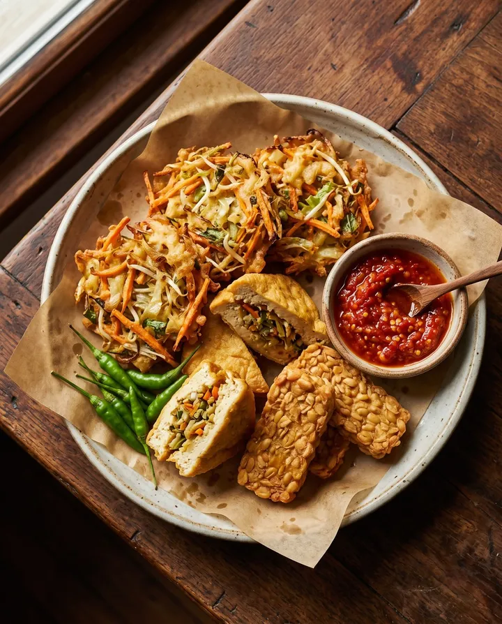 Bakwan, tahu isi, dan tempe goreng dengan sambal dan cabai rawit.
