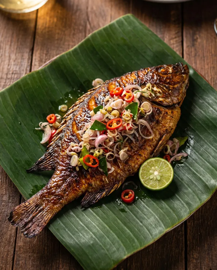 Ikan bakar di atas daun pisang dengan sambal matah.