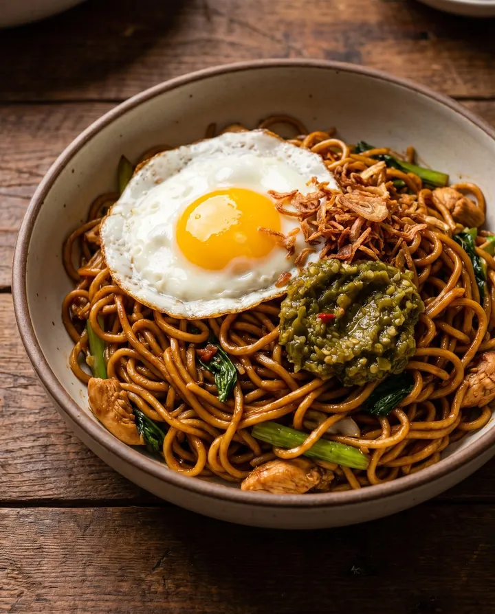 Mie goreng dengan telur mata sapi dan sambal ijo.