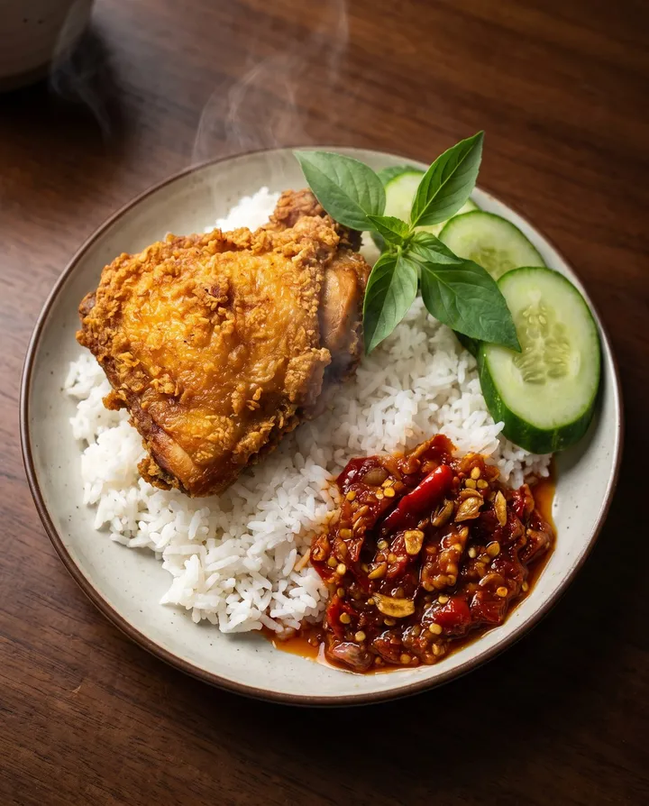 Nasi putih, ayam goreng renyah, lalapan, dan sesendok sambal merah.