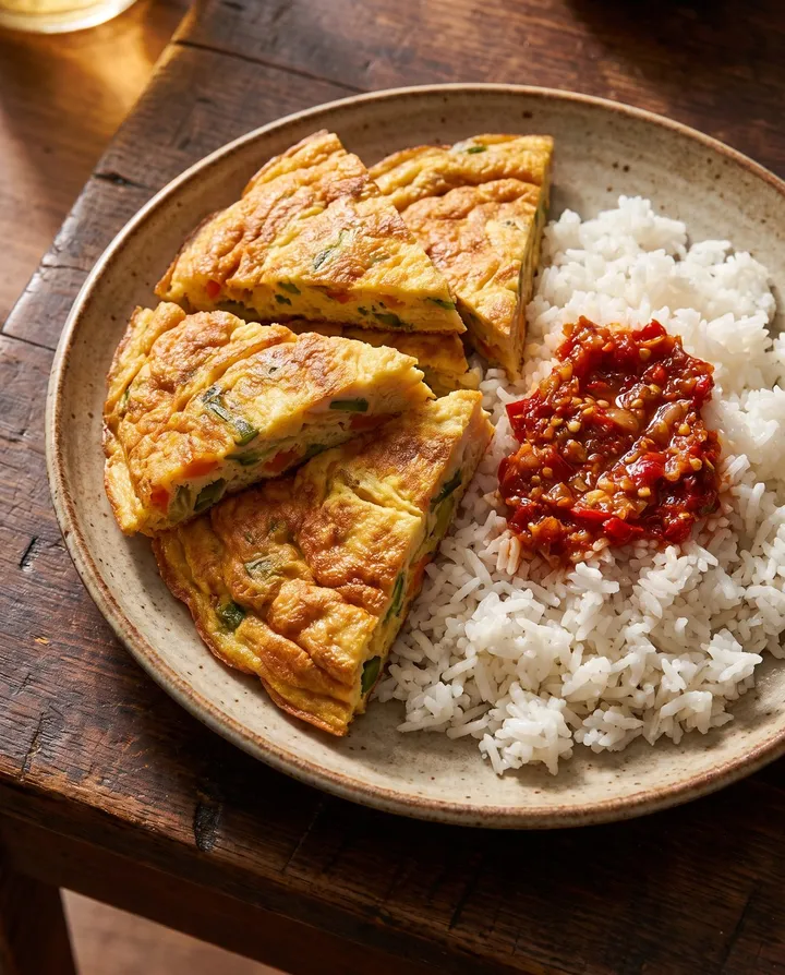 Telur dadar tebal dengan nasi dan sambal merah.