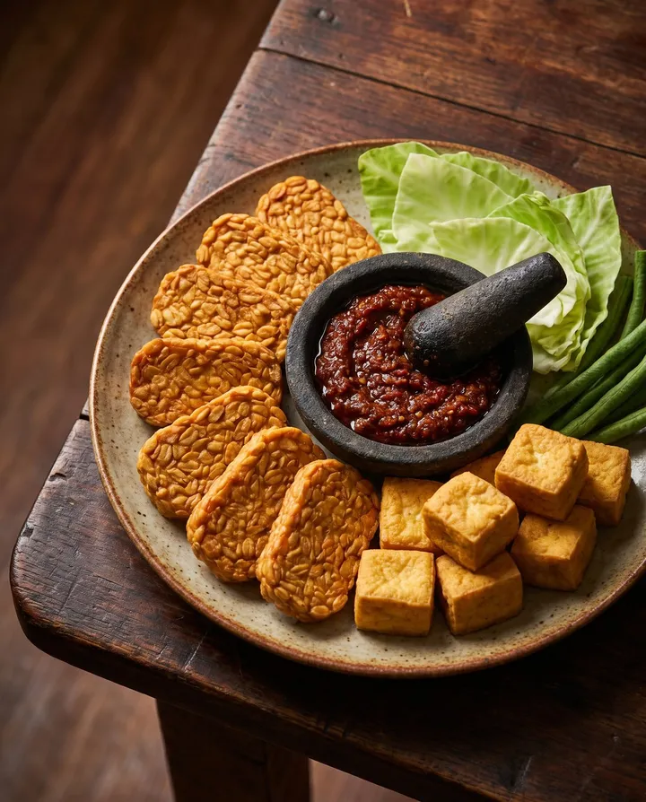 Tempe dan tahu goreng dengan sambal terasi di cobek.